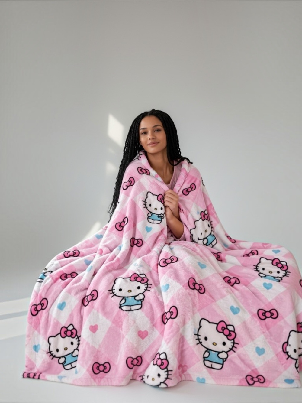 Sanrio Bedding Hello Kitty Pink Plush Throw Blanket with Bow Motifs